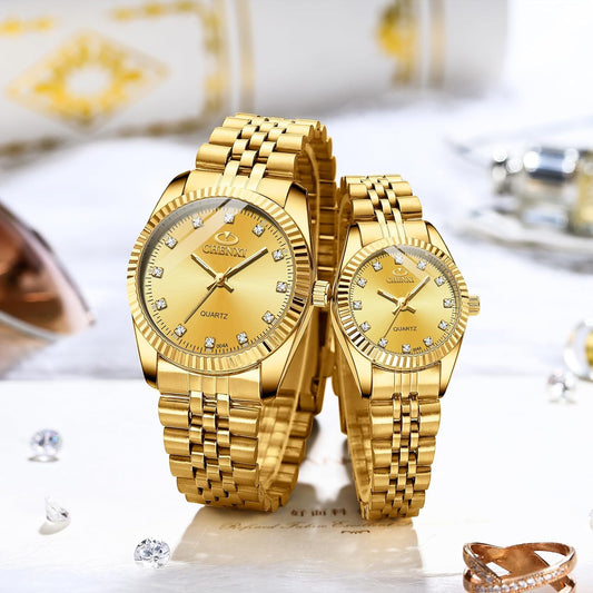 Golden Stainless Steel Waterproof Couple Watches Set for Men and Women